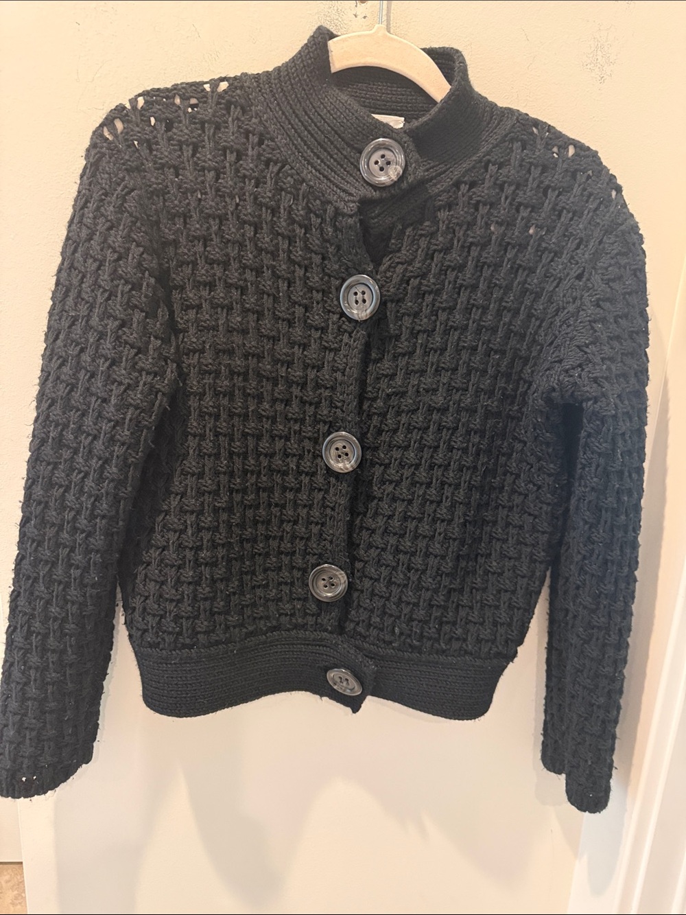 MaxMara Black Chunky Textured Wool Knit Big Button-Front Cardigan size Medium